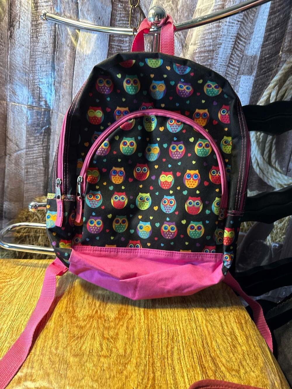 Double Dutch Club Multi-Color Owl Print Backpack with Pink Trim
